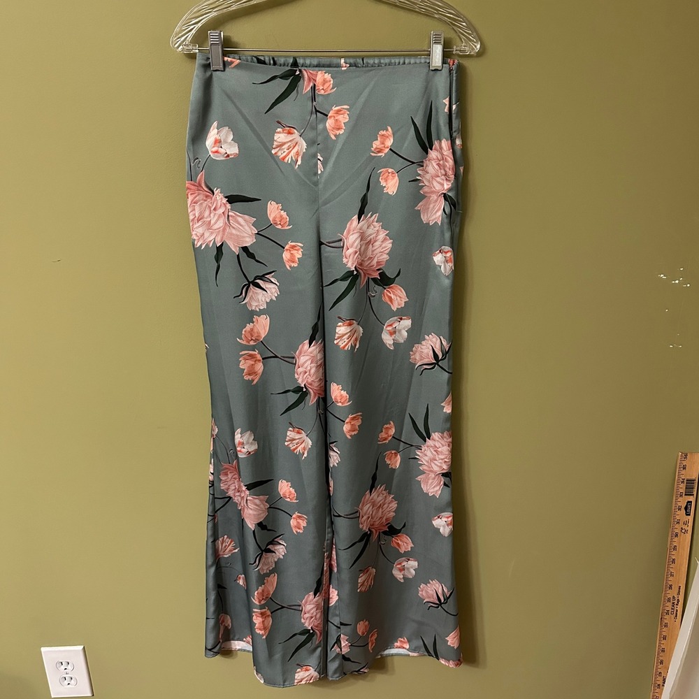 SACHIN & BABI Floral Wide Leg Pants Silky Lounge Sz 6-8 Size Zip Satin READ